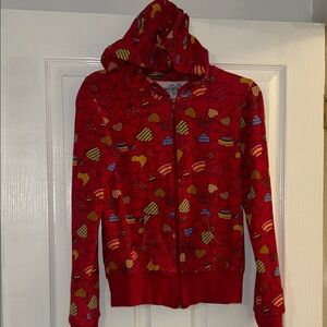 Y2K Love Rocks Red Patterned zip up hooded heart Jacket size large